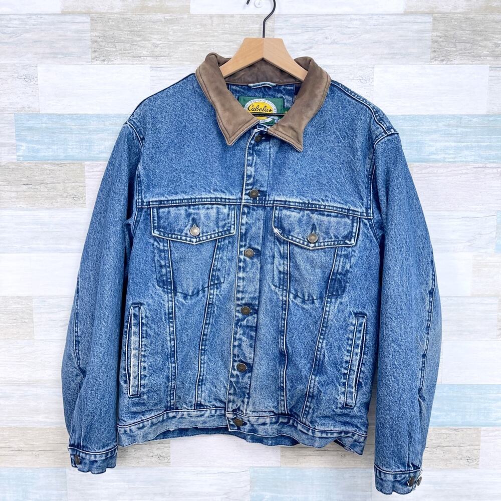 Cabelas Vintage Flannel Lined Jean Jacket Field Denim Leather Collar Mens Medium
